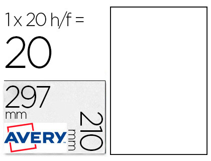 20 hojas A4 20 etiquetas adhesivas Avery 210x297mm. poliéster blanco